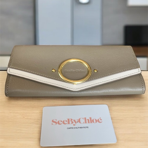 See By Chloe Handbags - See By Chloe’ Aura Taupe and Off-White Long Leather Flap Wallet w/COA Card -NWOT